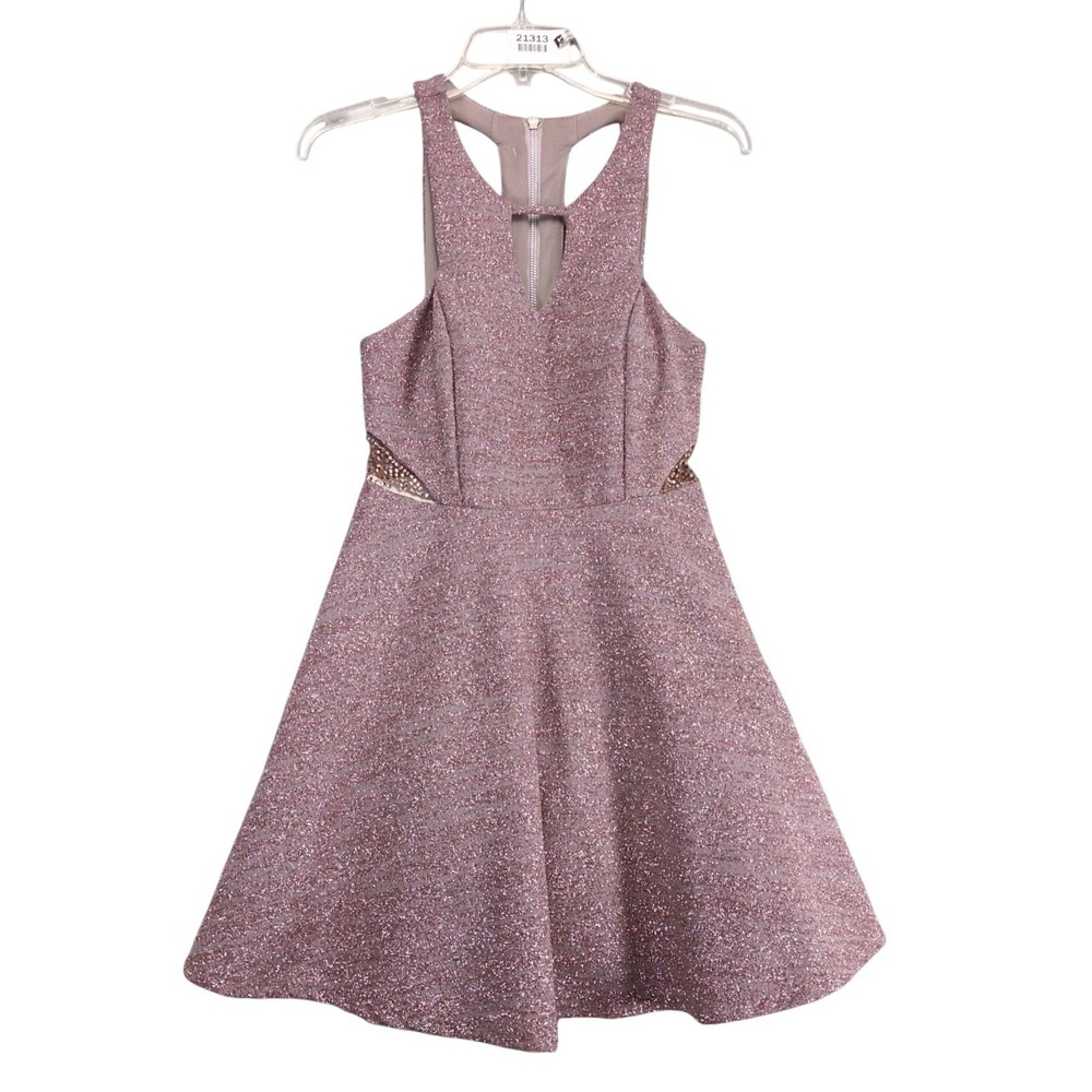 Dear Moon Fit & Flare Mini Dress Sz M Pink Glitter Rhinestone Mesh Cutout Halter
